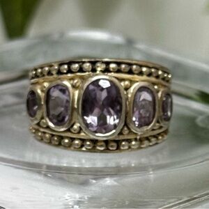 Sterling Silver Amethyst Gemstone Ring With Intricate Detailing Three Oval Stone